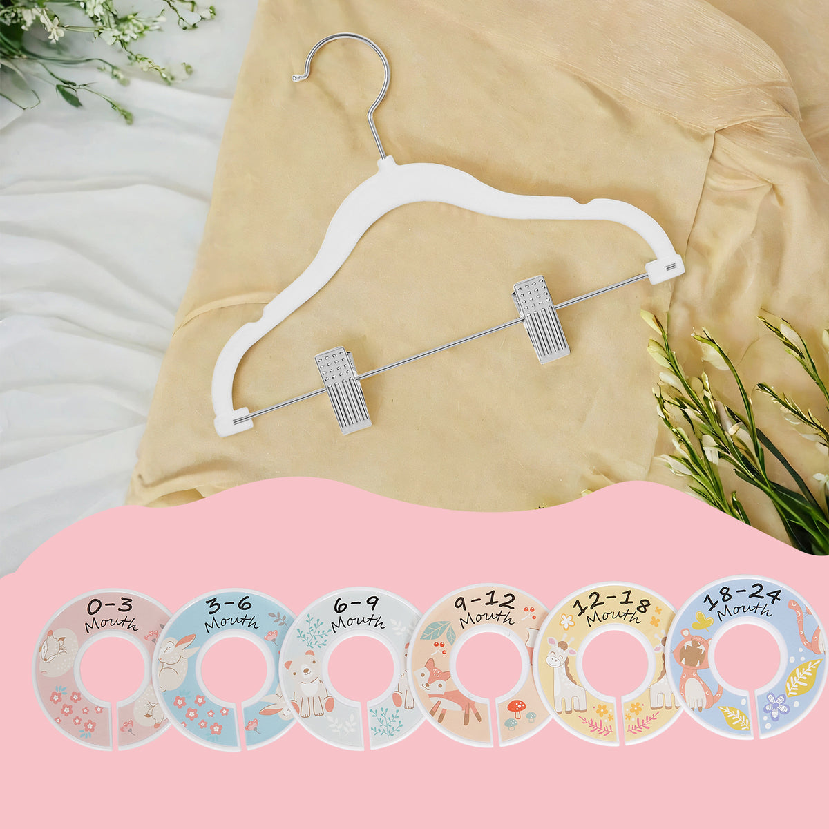 LEDREM Baby Hangers, 30 Packs Pants Hangers with Clips, Kids Hangers with 6 Clothes Dividers, Non-Slip Children's Clothes Hangers, Pants Hangers, White