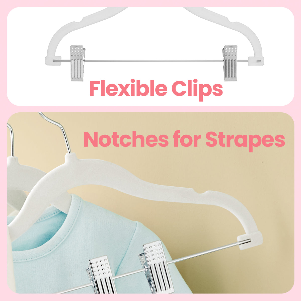 LEDREM Baby Hangers, 30 Packs Pants Hangers with Clips, Kids Hangers with 6 Clothes Dividers, Non-Slip Children's Clothes Hangers, Pants Hangers, White