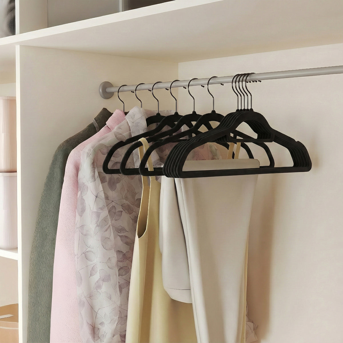 LEDREM Velvet Hangers, Set of 50 Clothes Hangers with Black Swivel Hooks, Non-Slip, Space-Saving, for Coat, Pants, Ink Black