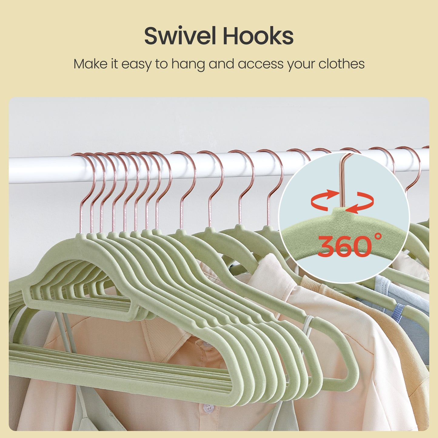 Velvet Hangers, 50-Pack Non-Slip Swivel Hook Clothes Hangers for Coat, Shirt, Dress, Pants ,Slim & Space-Saving, Rose Gold Hook, Lime Green