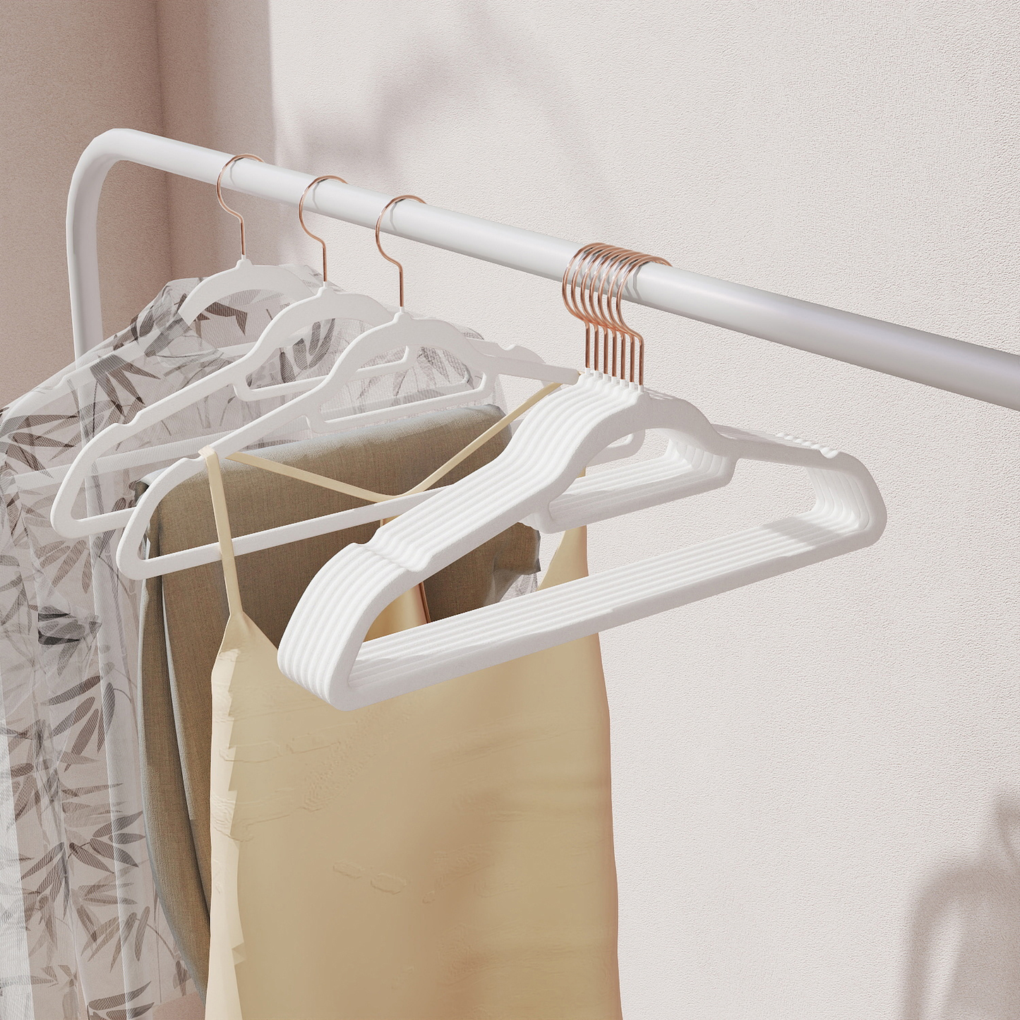 Set of 50 Velvet Hangers with Rose Gold Swivel Hooks, Non-Slip Space Saving Hangers for Shirts and Dresses, Cloud White