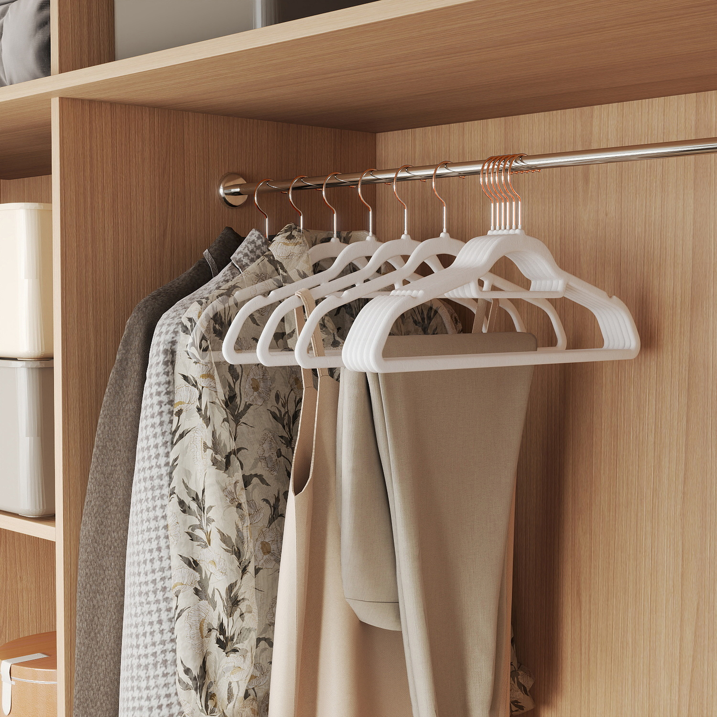 Set of 50 Velvet Hangers with Rose Gold Swivel Hooks, Non-Slip Space Saving Hangers for Shirts and Dresses, Cloud White