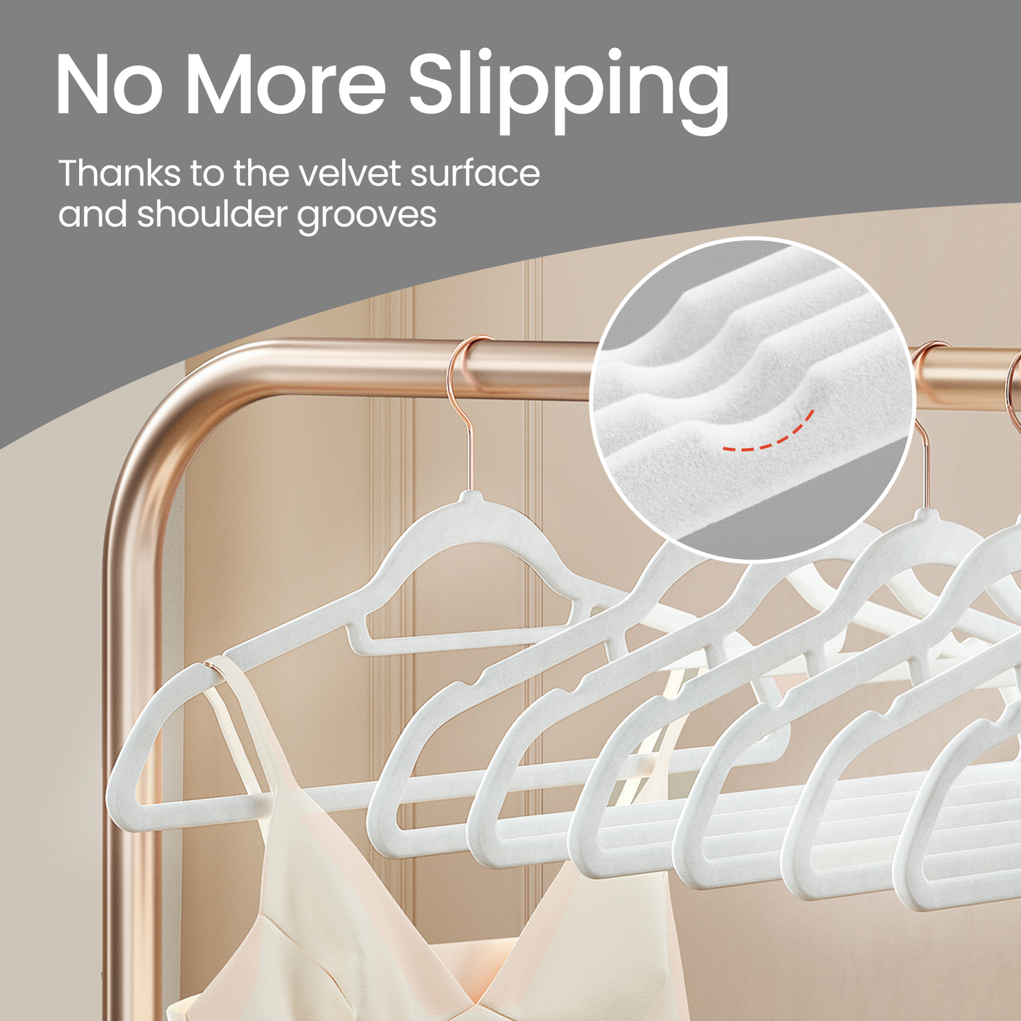 Set of 50 Velvet Hangers with Rose Gold Swivel Hooks, Non-Slip Space Saving Hangers for Shirts and Dresses, Cloud White