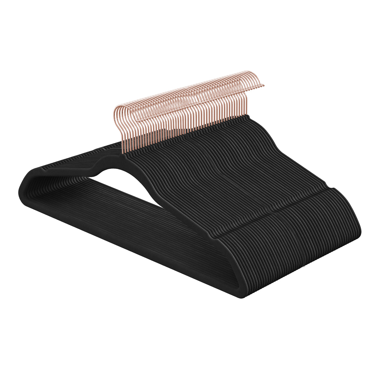 LEDREM Velvet Hangers 50-Pack, Non-Slip Space-Saving with Rose Gold Hooks, 16.3 x 8.5 x 0.2 inches, Black