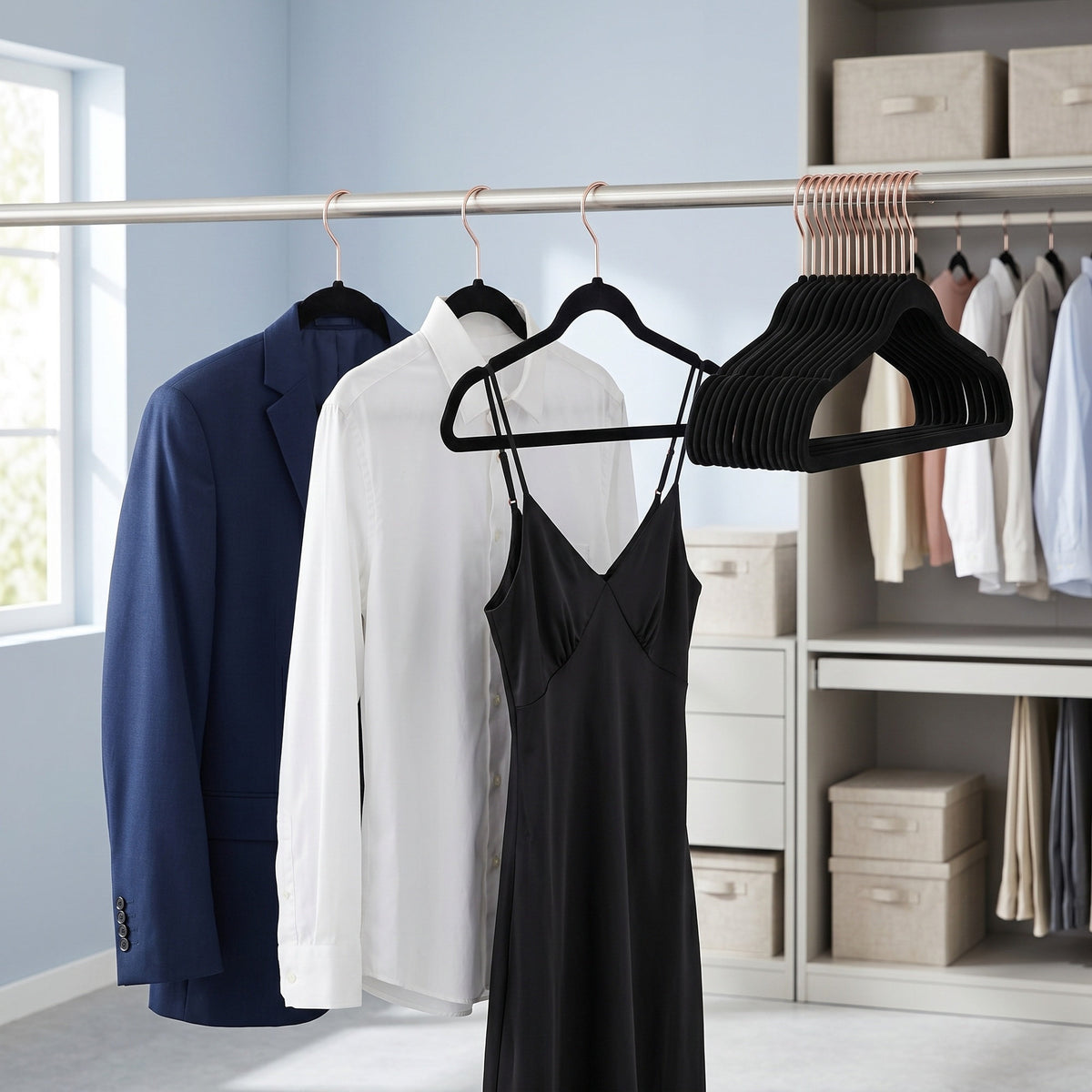 LEDREM Velvet Hangers 50-Pack, Non-Slip Space-Saving with Rose Gold Hooks, 16.3 x 8.5 x 0.2 inches, Black