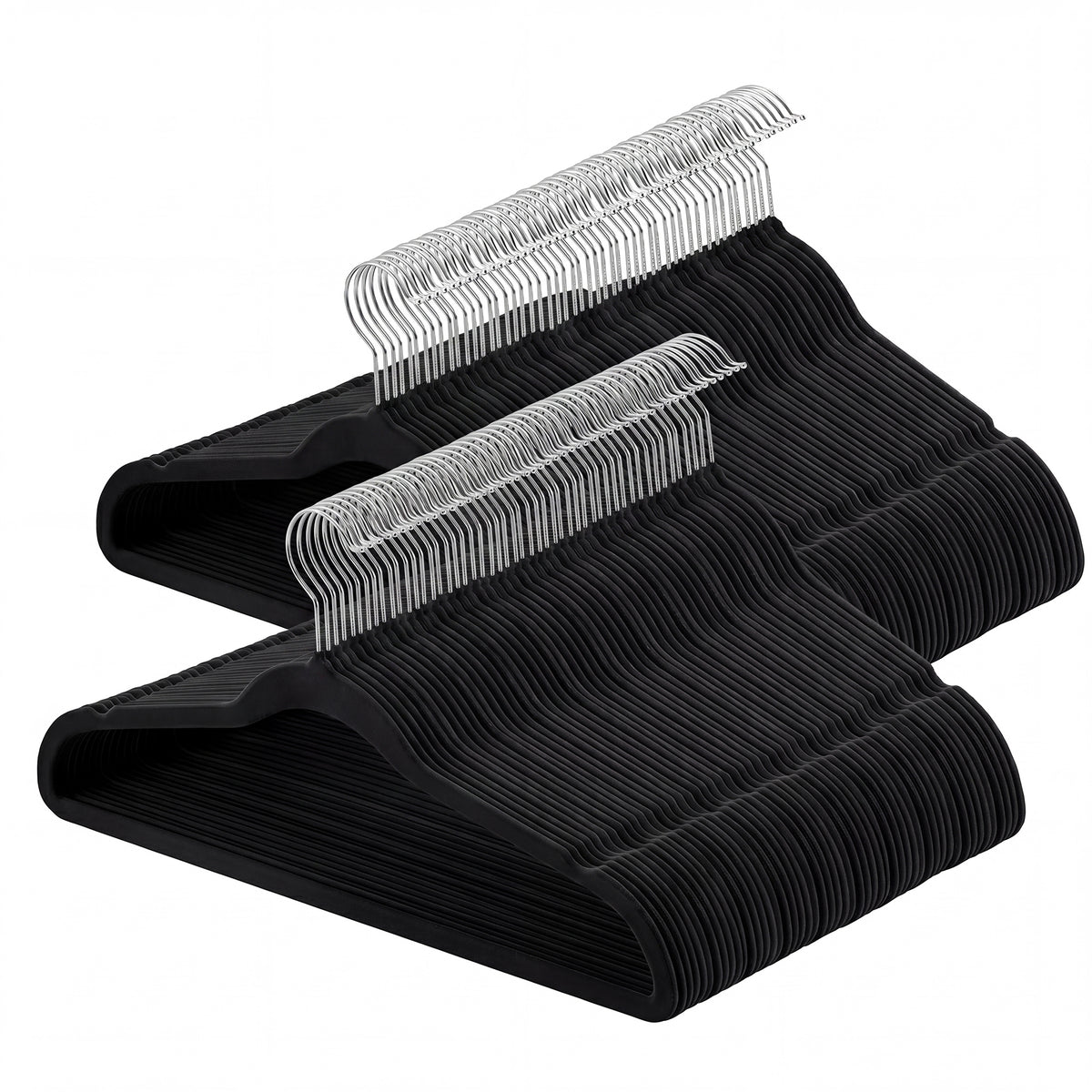 LEDREM Velvet Hangers 100 Pack, Space-Saving Non-Slip for Closet, Silver Swivel Hooks, Black