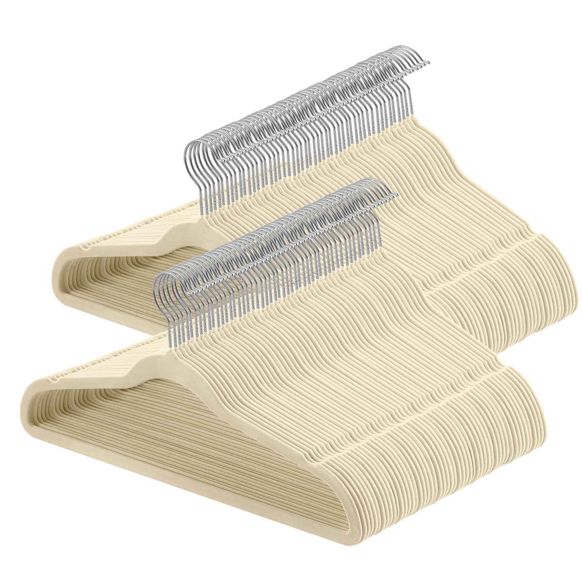 LEDREM Velvet Hangers 100 Pack, Space-Saving Non-Slip for Closet, Silver Swivel Hooks, Beige