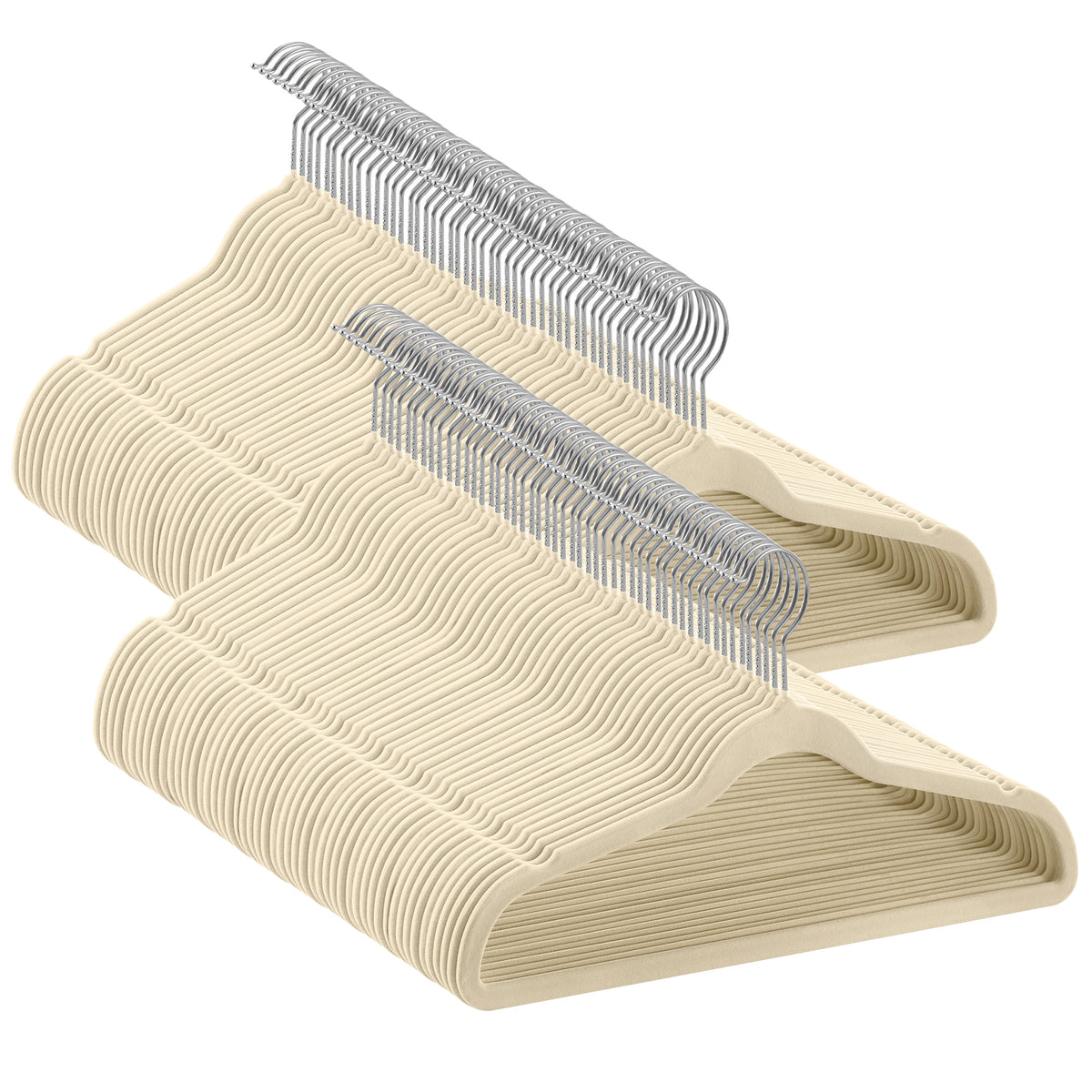 LEDREM Velvet Hangers 100 Pack, Space-Saving Non-Slip for Closet, Silver Swivel Hooks, Beige