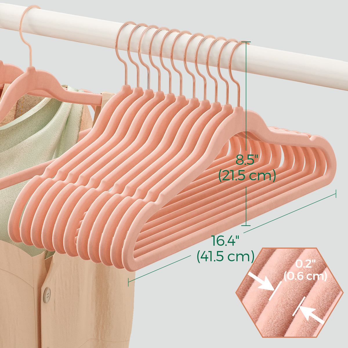 LEDREM Velvet Hangers 50-Pack, Non-Slip Space-Saving with Rose Gold Hooks, 16.3 x 8.5 x 0.2 inches, Pink