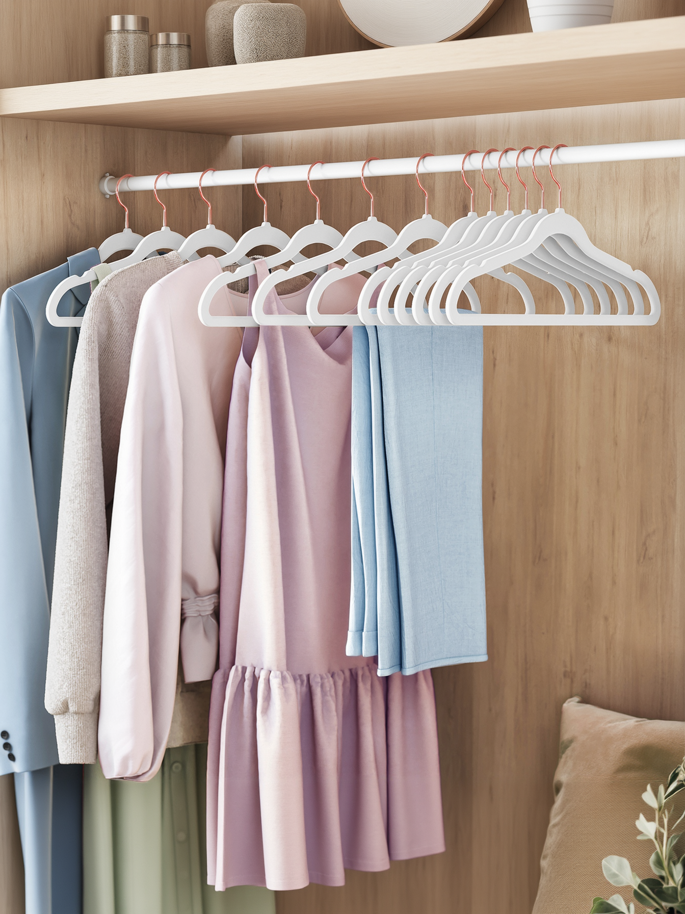 Set of 50 Slim Velvet Hangers, Non-Slip Space Saving Clothes Hangers with Rose Gold Swivel Hooks for Closet, White