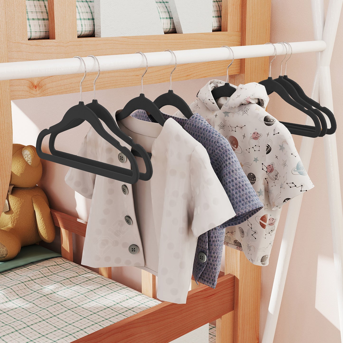 50 Pack Kids Velvet Hangers, 11.8 x 8.1 Inch Non-Slip Closet Hangers with Silver Swivel Hooks for Nursery, Ink Black