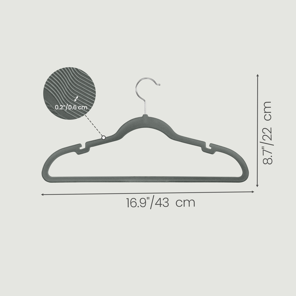 LEDREM Velvet Hangers 50 Pack, Non-Slip Space Saving Clothes Hangers with Swivel Hook, 16.9 x 8.7 x 0.2 Inches, Gray