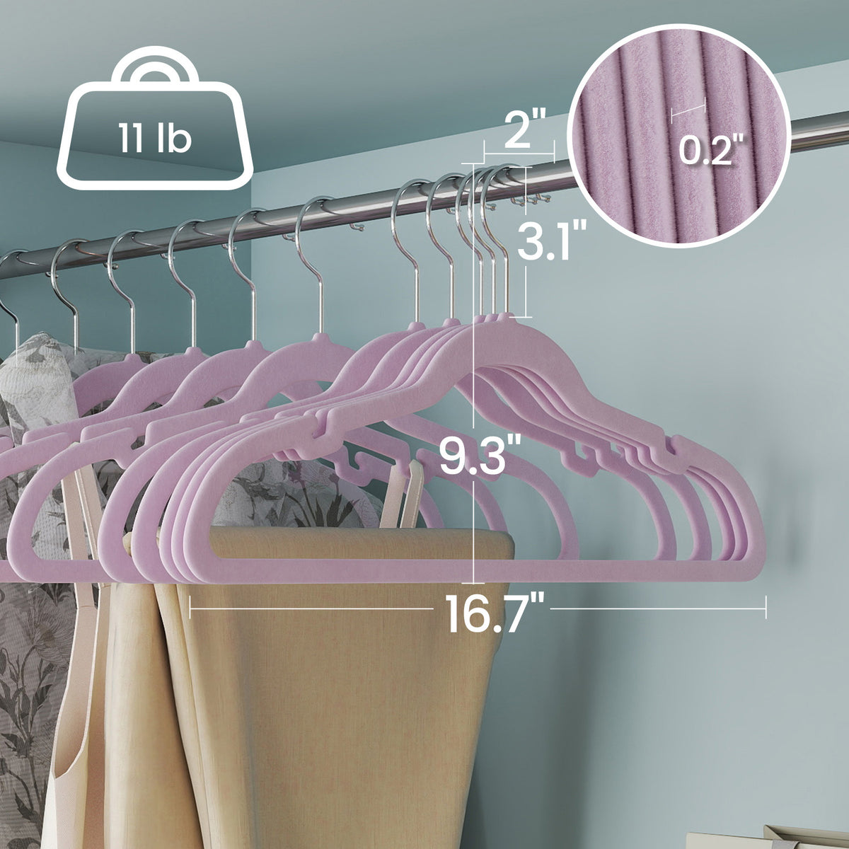 LEDREM Velvet Hangers 50 Pack, Non-Slip Clothes Hangers, Suit Hangers with Shoulder Notches, Pants Bar, 360° Swivel Hook, for Closet, Light Lilac