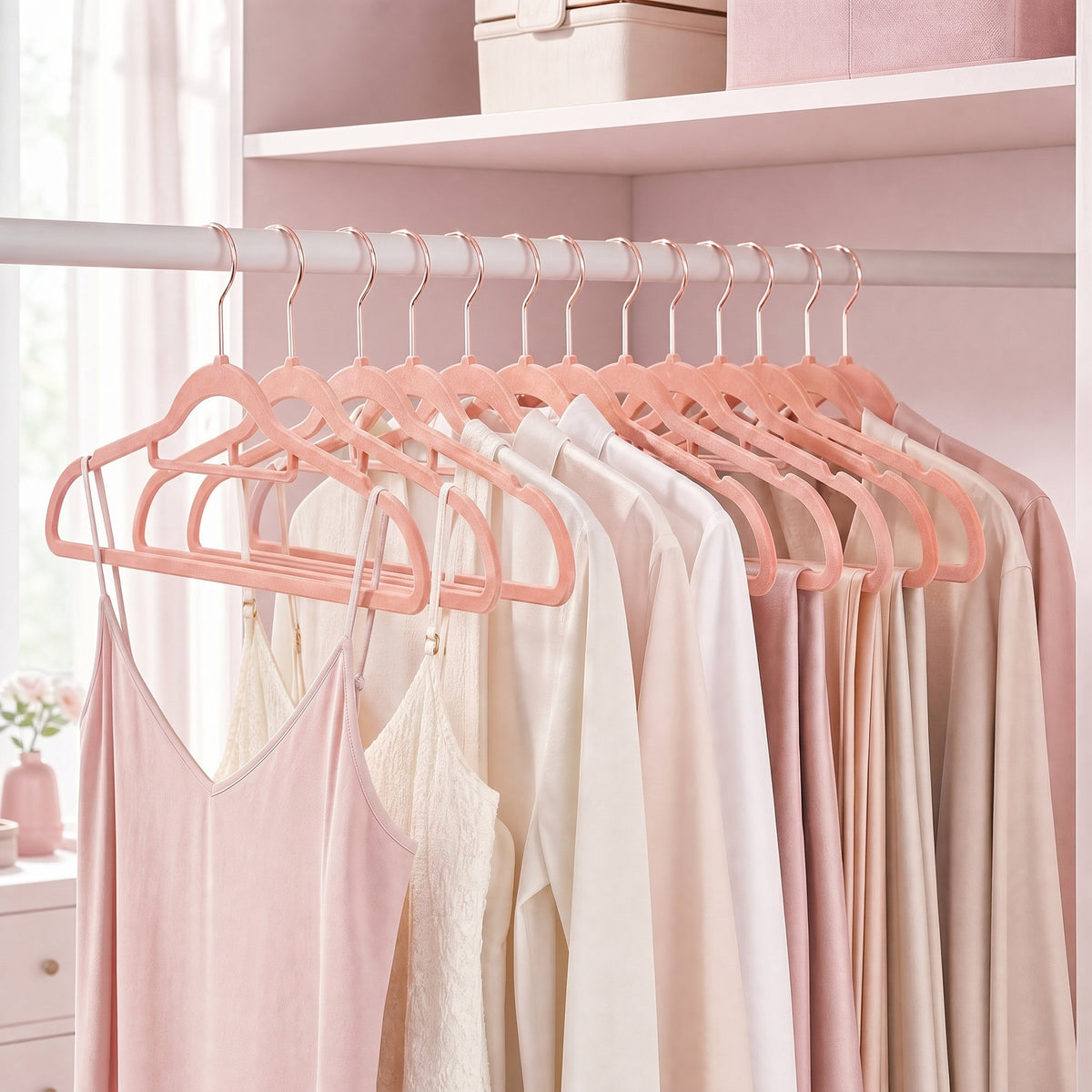 LEDREM Velvet Hangers 50 Pack, Non-Slip Clothes Hangers, Suit Hangers with Shoulder Notches, Pants Bar, 360° Swivel Hook, for Closet, Pink