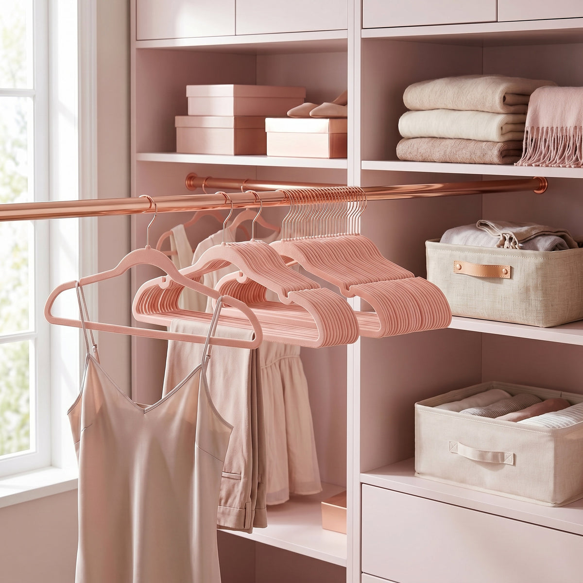 LEDREM Velvet Hangers 50 Pack, Non-Slip Clothes Hangers, Suit Hangers with Shoulder Notches, Pants Bar, 360° Swivel Hook, for Closet, Pink