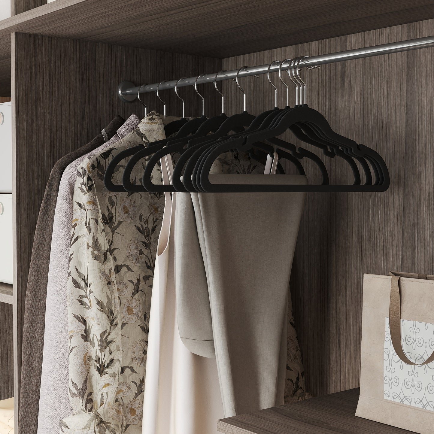 60 Pack Velvet Hangers with Shoulder Notches and Pants Bar, Non-Slip Space Saving Hangers with Swivel Hooks for Closet