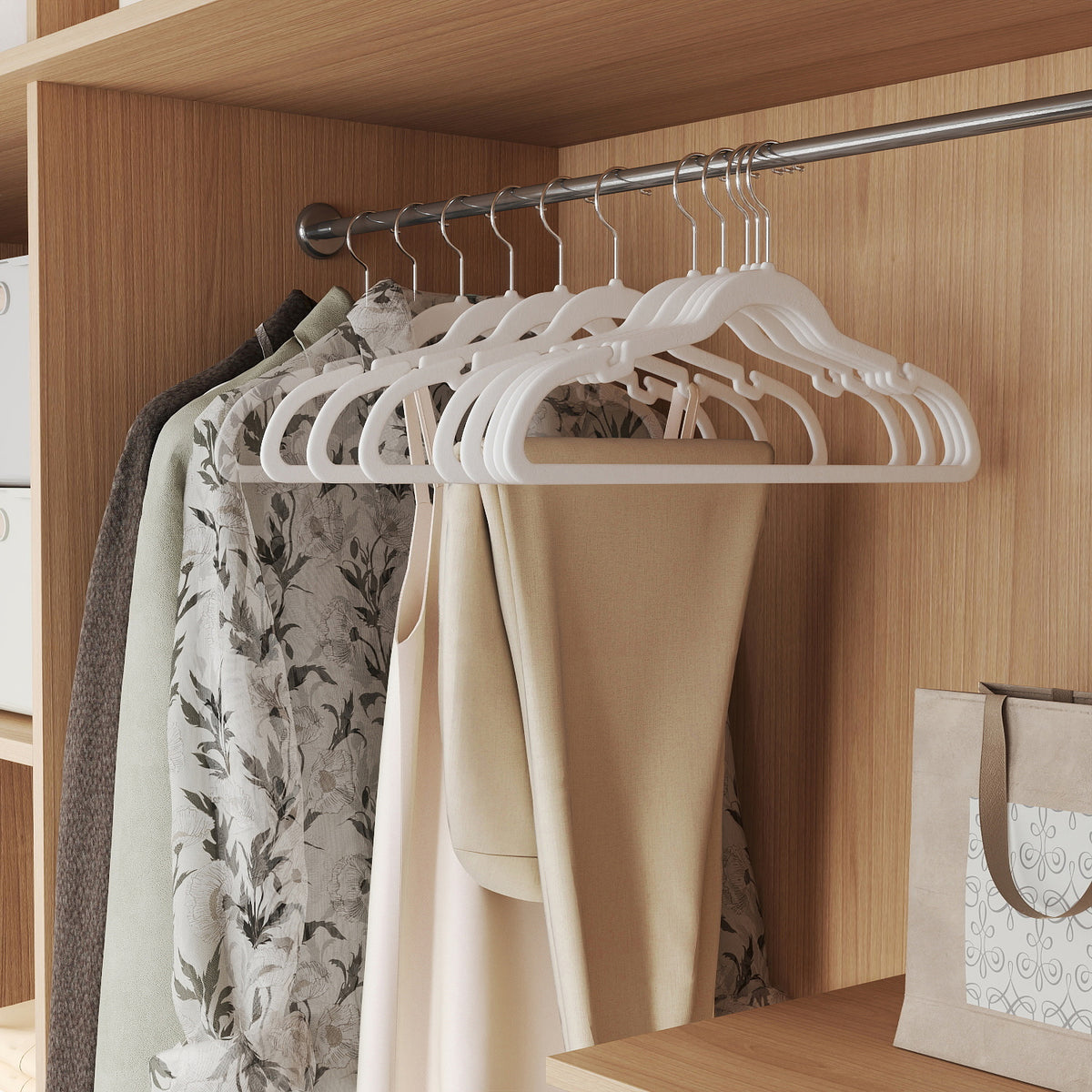 LEDREM Velvet Hangers 60 Pack, Non-Slip Clothes Hangers, Suit Hangers with Shoulder Notches, Pants Bar, 360° Swivel Hook, for Closet, Cloud White