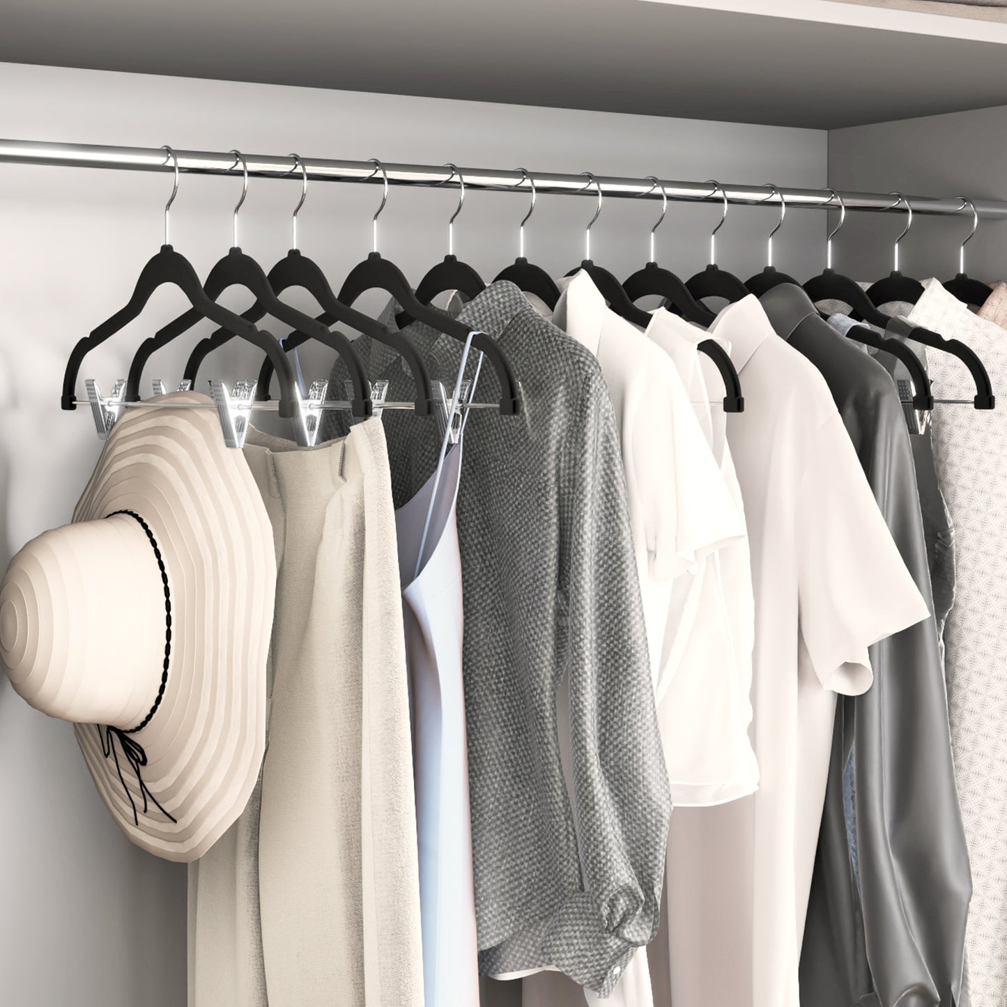 30-Pack Adjustable Velvet Hangers, 16.7" Heavy-Duty Non-Slip Skirt，Pants Hangers with Movable Clips, Space-Saving for Dresses & Coats, Black