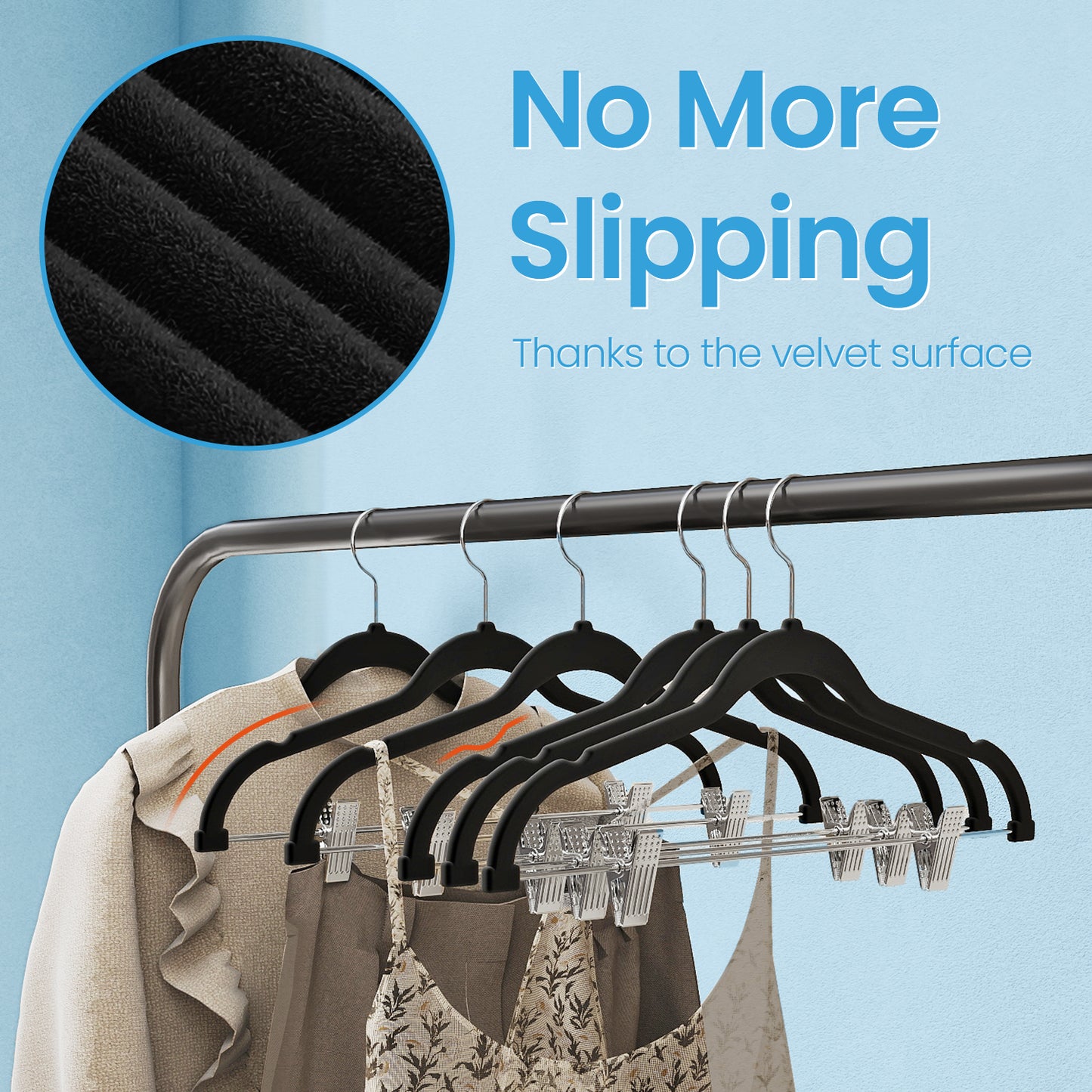 30-Pack Adjustable Velvet Hangers, 16.7" Heavy-Duty Non-Slip Skirt，Pants Hangers with Movable Clips, Space-Saving for Dresses & Coats, Black