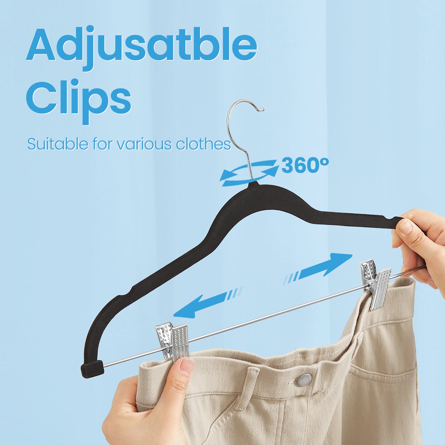 30-Pack Adjustable Velvet Hangers, 16.7" Heavy-Duty Non-Slip Skirt，Pants Hangers with Movable Clips, Space-Saving for Dresses & Coats, Black
