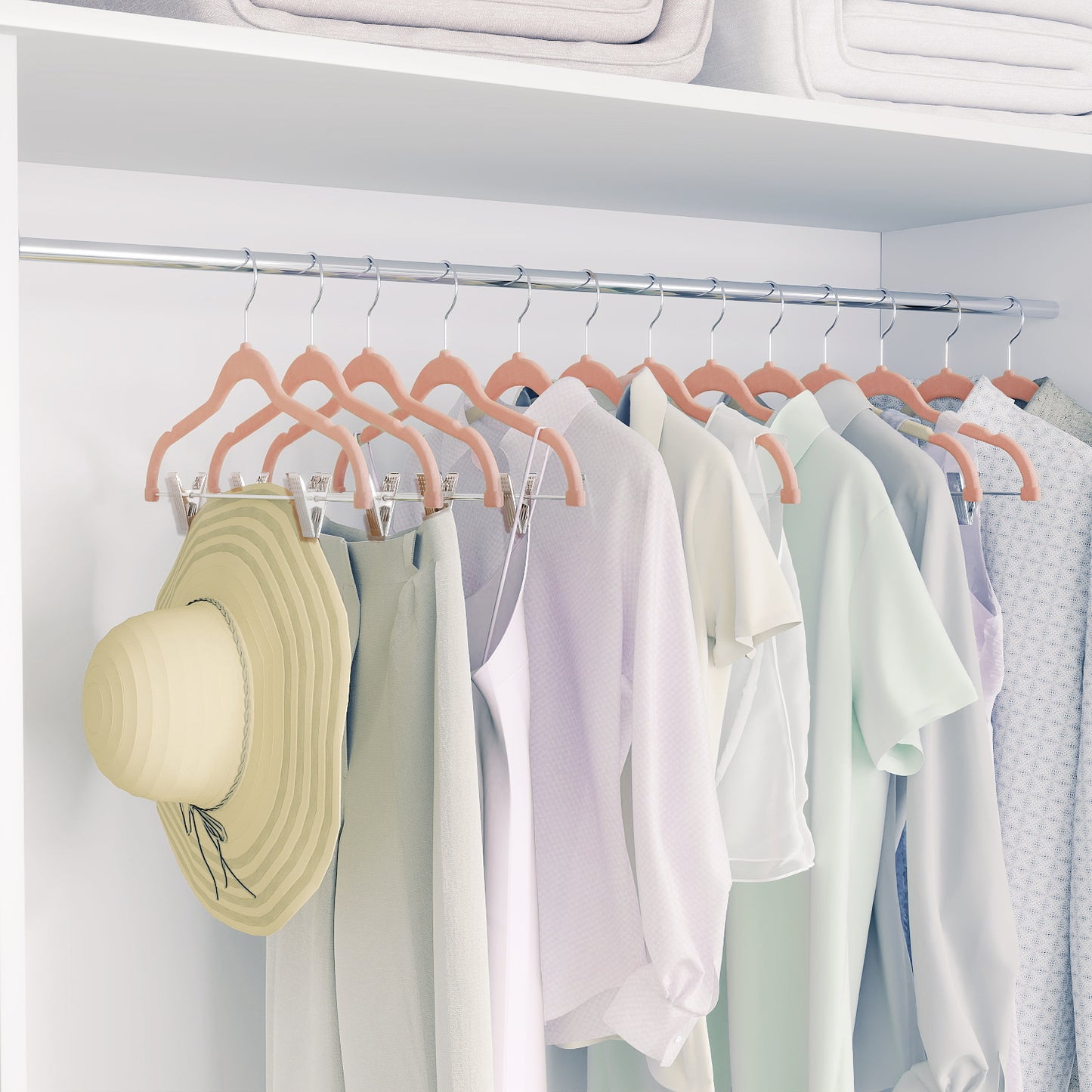 30-Pack Adjustable Non-Slip Velvet Hangers with Movable Clips, Heavy-Duty Space-Saving Pants & Skirt Hangers for Dresses, Coats, Light Pink