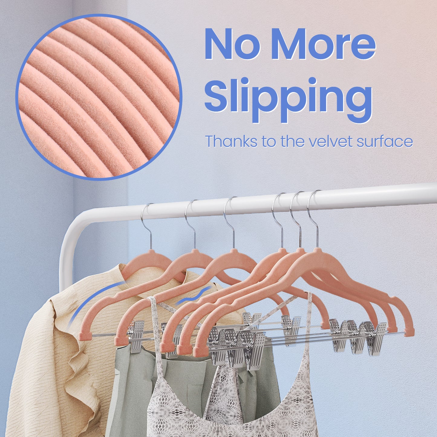 30-Pack Adjustable Non-Slip Velvet Hangers with Movable Clips, Heavy-Duty Space-Saving Pants & Skirt Hangers for Dresses, Coats, Light Pink