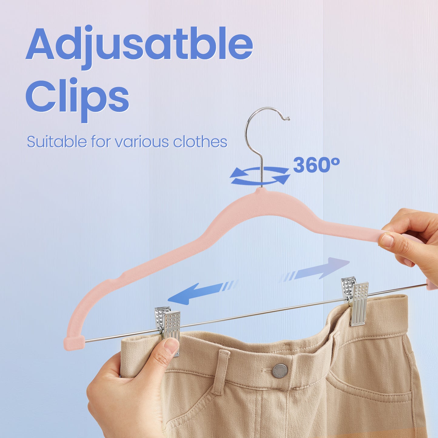 30-Pack Adjustable Non-Slip Velvet Hangers with Movable Clips, Heavy-Duty Space-Saving Pants & Skirt Hangers for Dresses, Coats, Light Pink