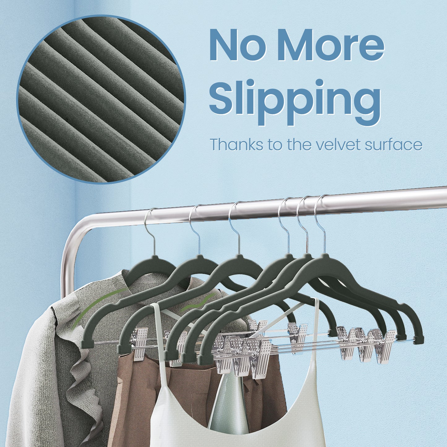 30-Pack Velvet Pants and Skirt Hangers with Adjustable Clips, Non-Slip Heavy-Duty Slim Coat Hangers, Space-Saving Closet Organizer, Gray