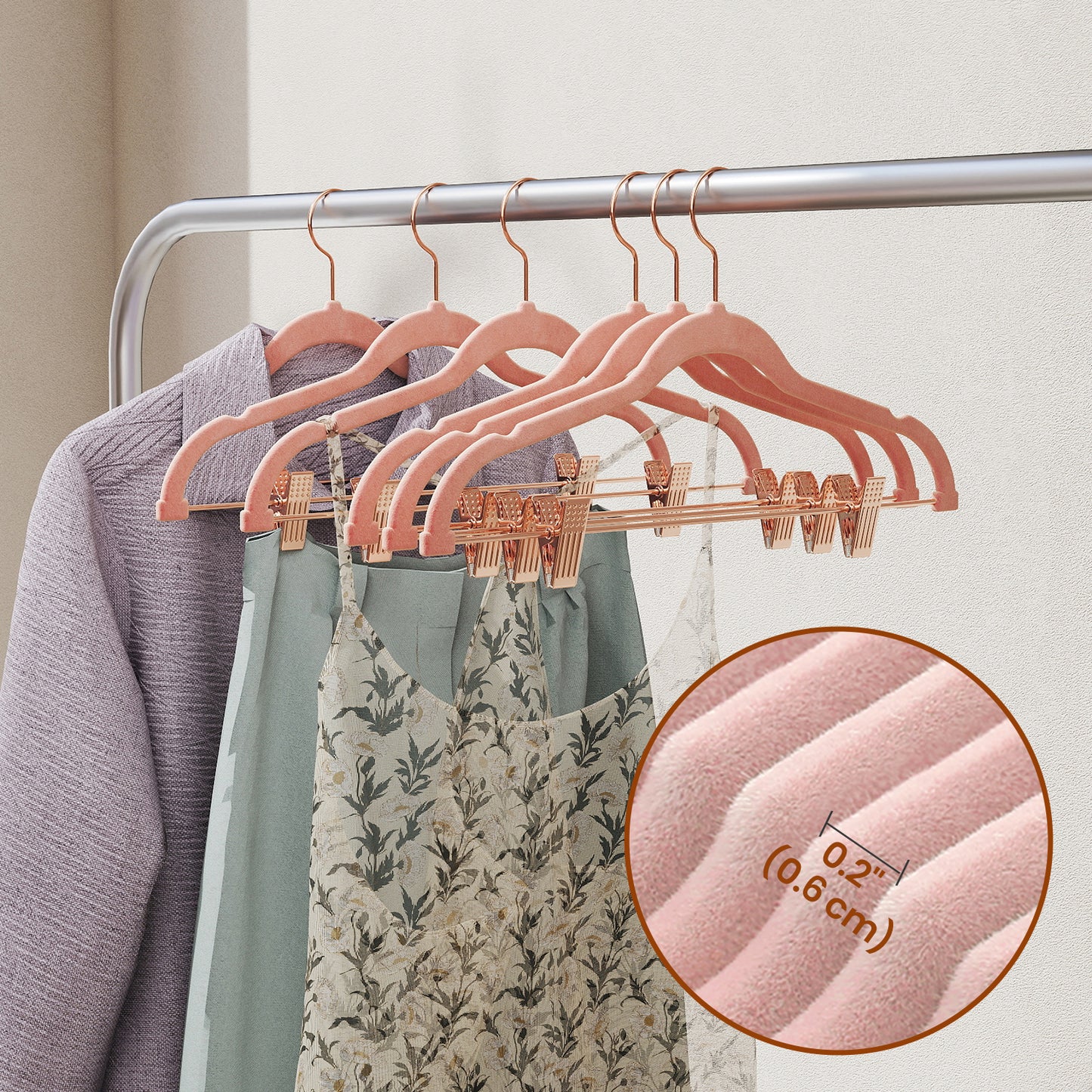24 Pack Pants Hangers with Movable Clips, Rose Gold Heavy-Duty Non-Slip Hangers for Pants and Dresses, 16.7 Inch, Light Pink