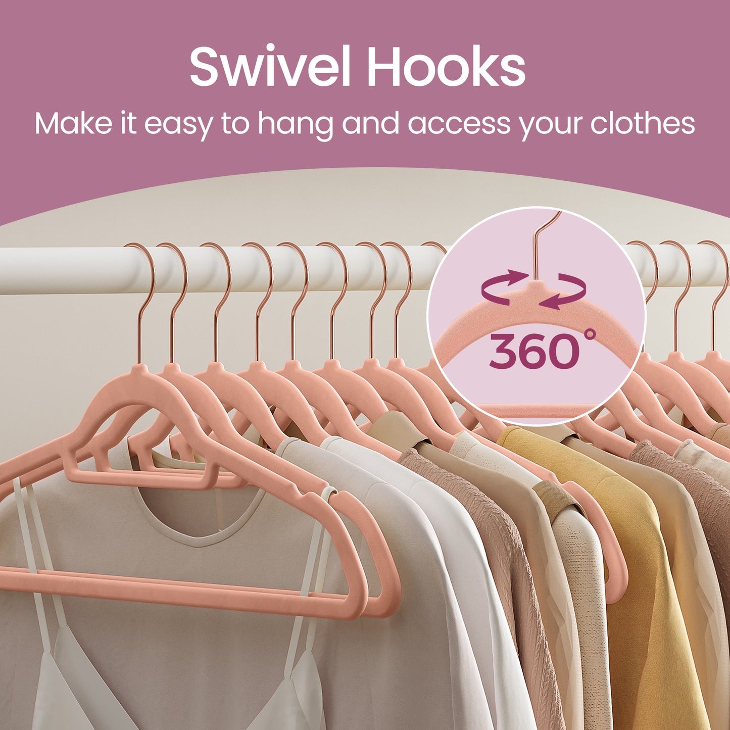 30-Pack Velvet Hangers with 360° Swivel Hook, Non-Slip & Slim Design for Coats, Shirts, Dresses, Pants , Rose Gold, Coral Pink