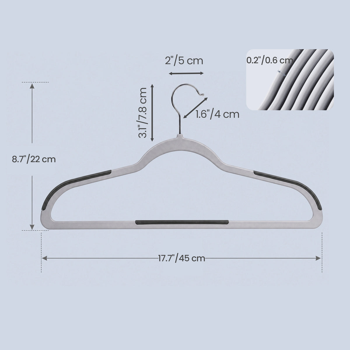 LEDREM Non-Slip Plastic Clothes Hangers 30 Pack, Space-Saving with 360° Swivel Hook, 17.7 x 8.7 x 0.2 Inches, Gray and Silver