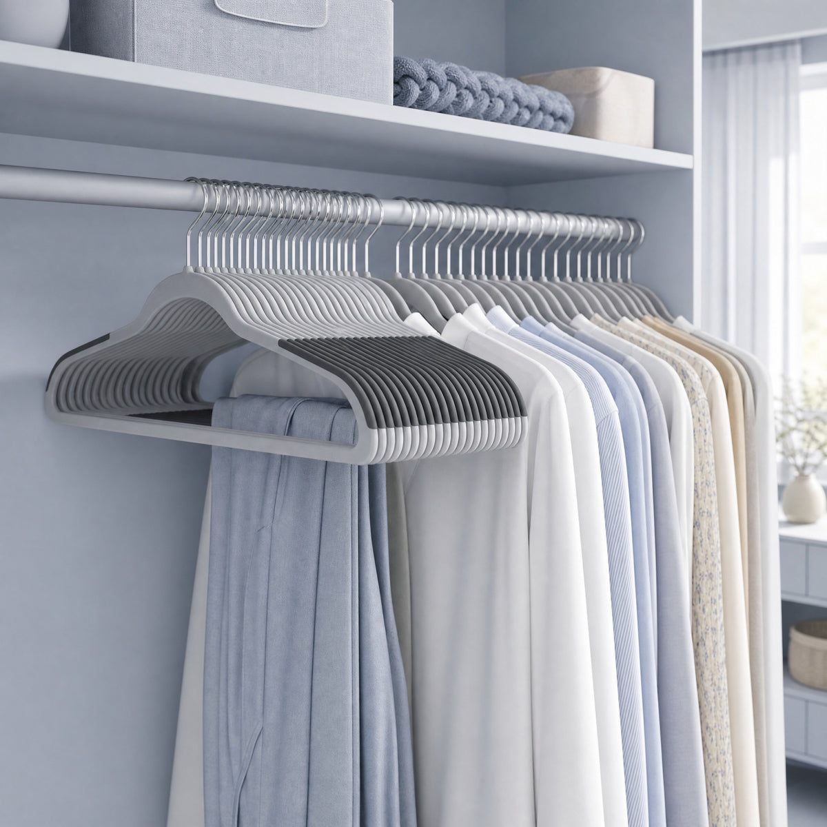 LEDREM Non-Slip Plastic Clothes Hangers 30 Pack, Space-Saving with 360° Swivel Hook, 17.7 x 8.7 x 0.2 Inches, Gray and Silver