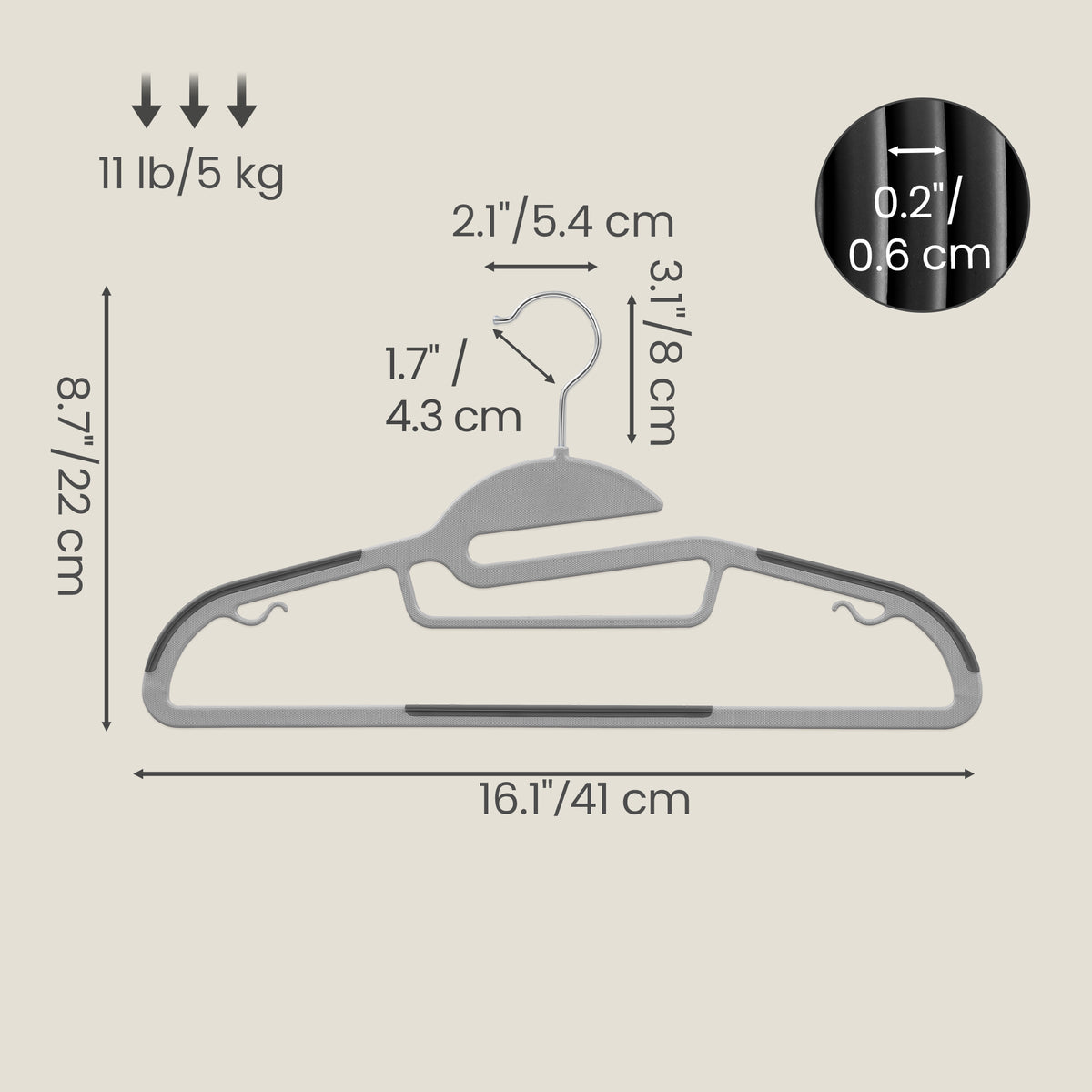 LEDREM Set of 50 Hangers, Heavy-Duty Steel,ABS Plastic,TPE Rubber Coat Hangers, Space-Saving, Hook, Gray and Silver