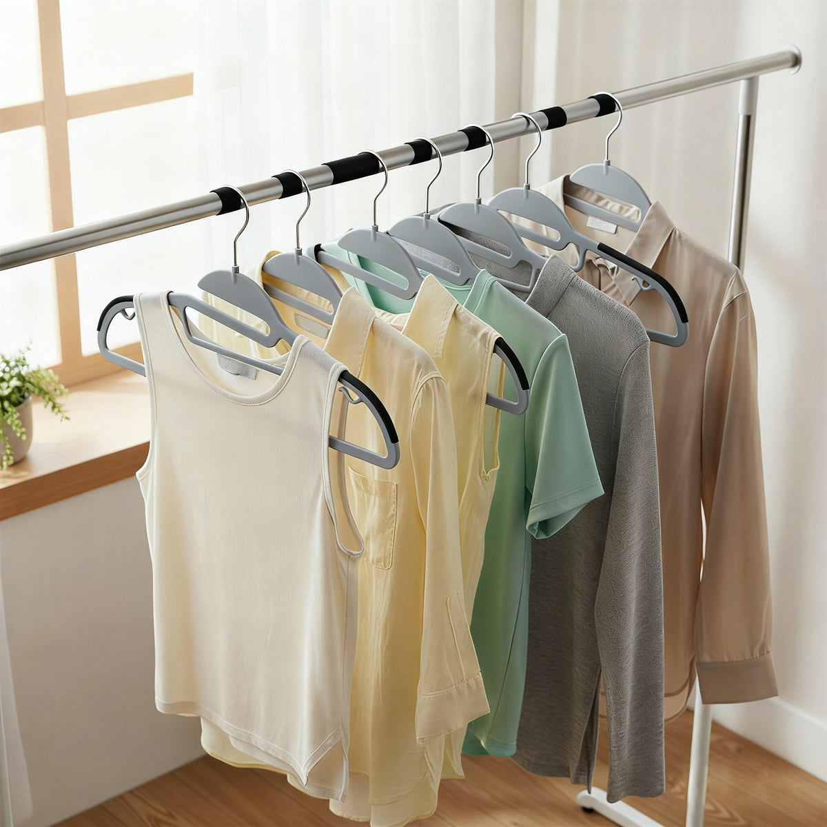 LEDREM Set of 50 Hangers, Heavy-Duty Steel,ABS Plastic,TPE Rubber Coat Hangers, Space-Saving, Hook, Gray and Silver
