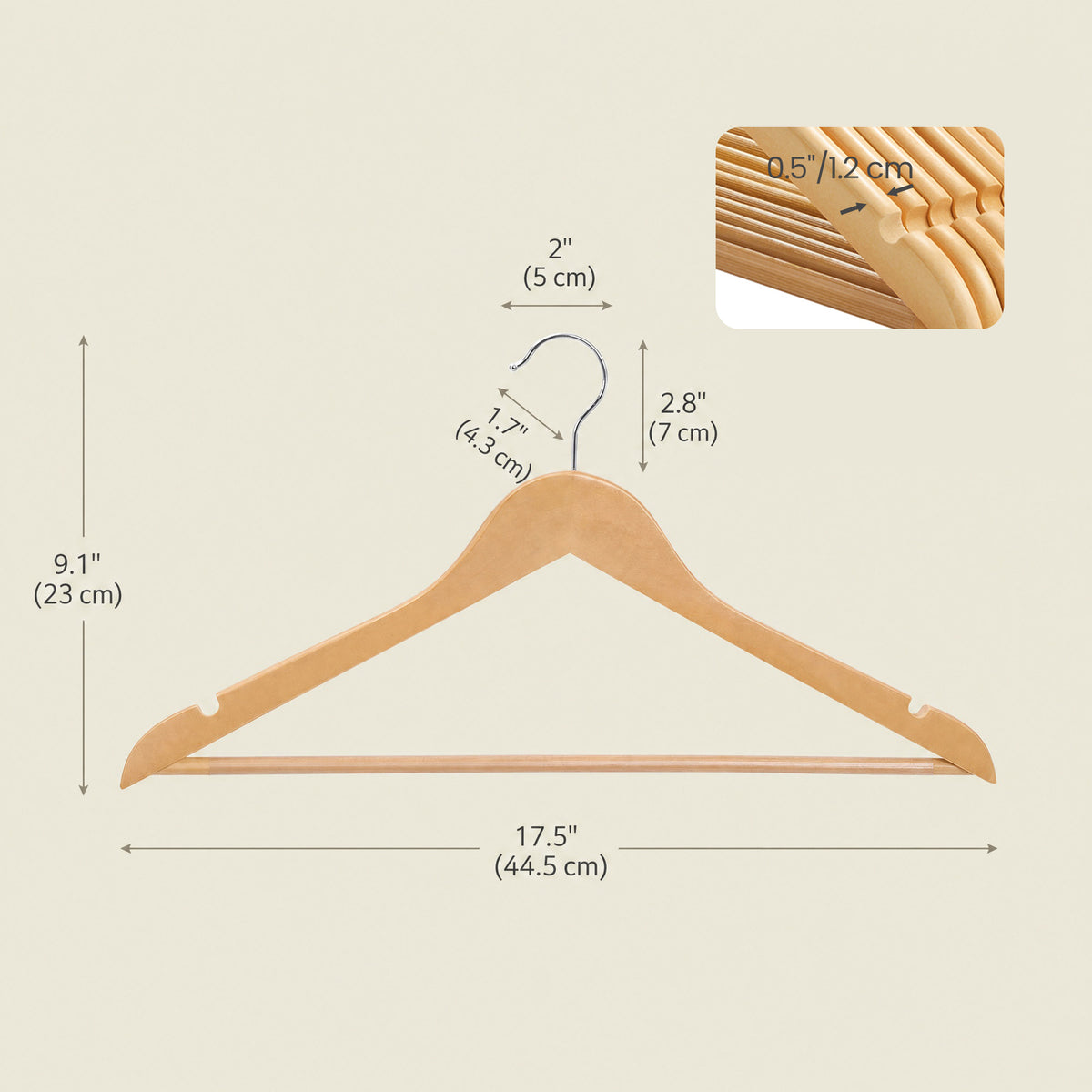 LEDREM Solid Wood Hanger, Set of 20, with Shoulder Grooves, for Suits, Shirts, Coats, Yellow and Silver