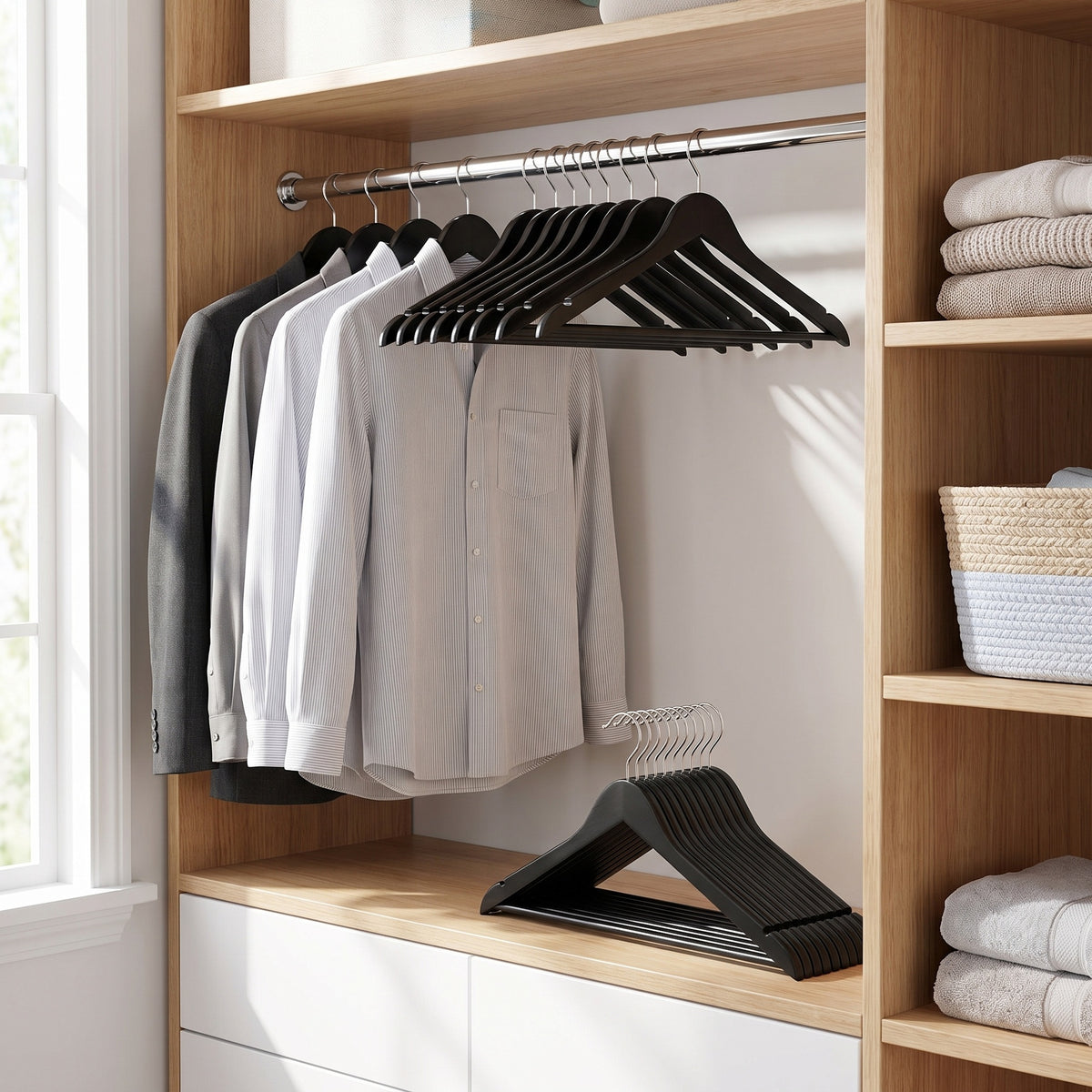 LEDREM Solid Wood Hanger, Set of 20, with Shoulder Grooves, for Suits, Shirts, Coats, Black and Silver