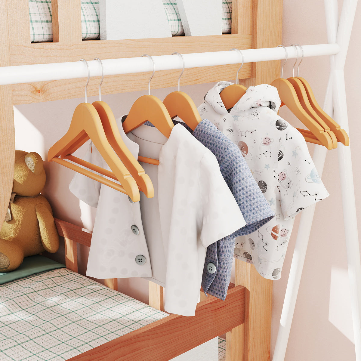 LEDREM Set of 10 Kids Hangers, Maple Wood Children Hangers, with Shoulder Notches and Pants Bar, Swivel Hooks, Natural and Silver