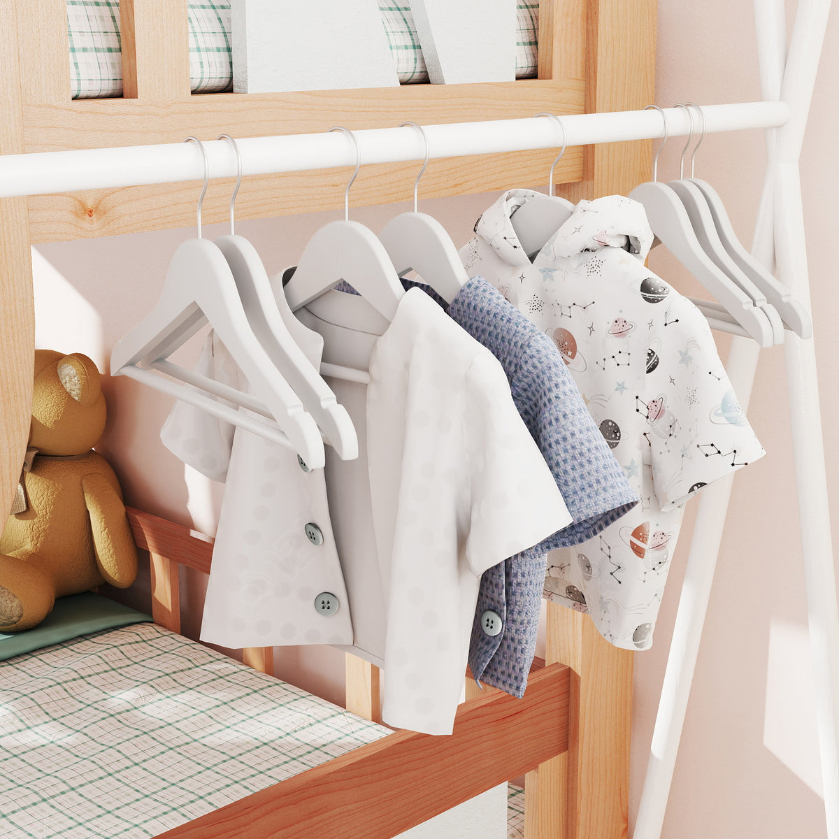 LEDREM Kids Wooden Hangers 20 Pack, Solid Wood Coat Hangers with Pants Bar and Swivel Hooks, 12.8 x 7.9 x 0.5 Inches, White and Silver