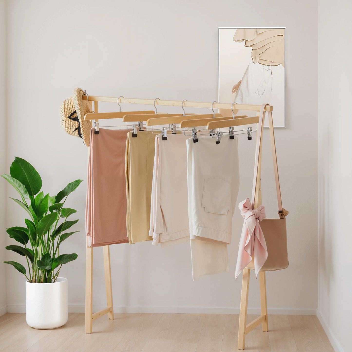 8 Pack Wooden Pants Hangers with Adjustable Metal Clips, 360° Swivel Hook Skirt Hangers for Closet, Natural Grain
