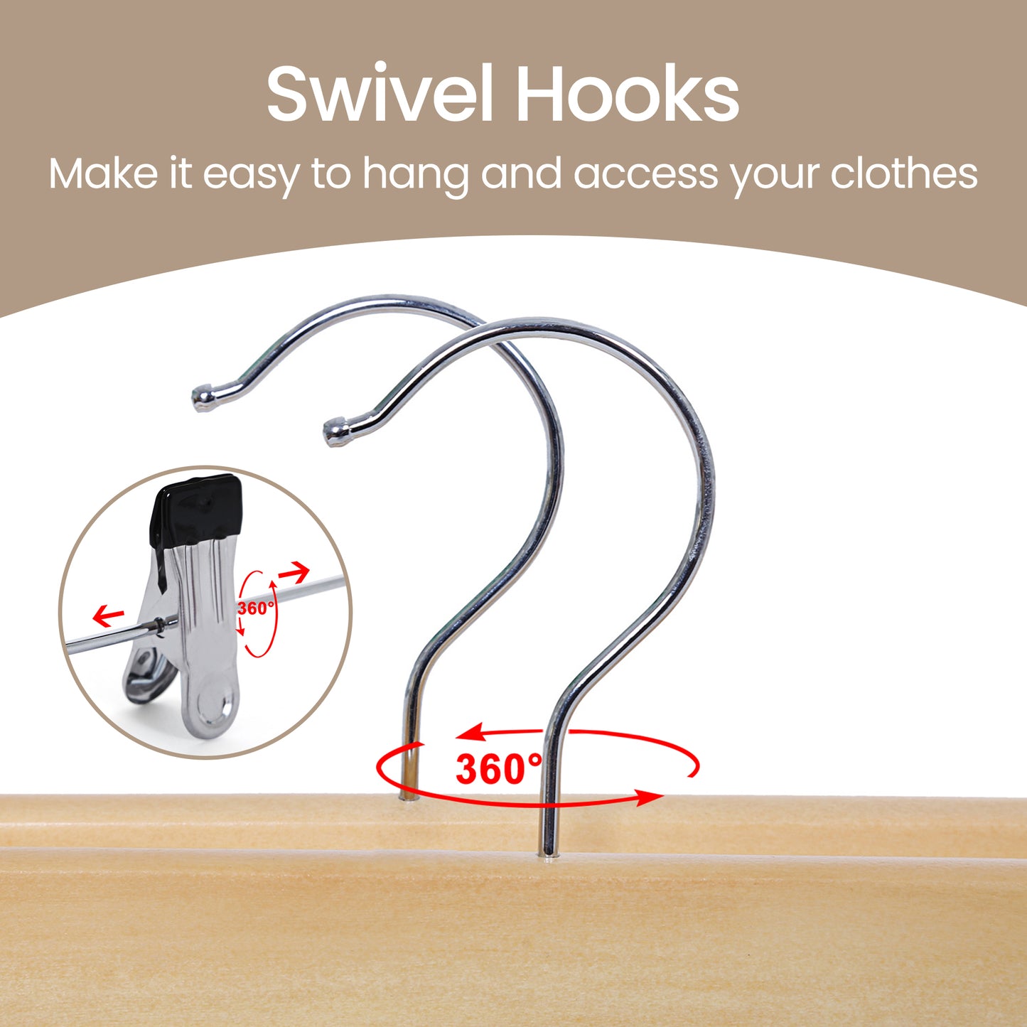 8 Pack Wooden Pants Hangers with Adjustable Metal Clips, 360° Swivel Hook Skirt Hangers for Closet, Natural Grain