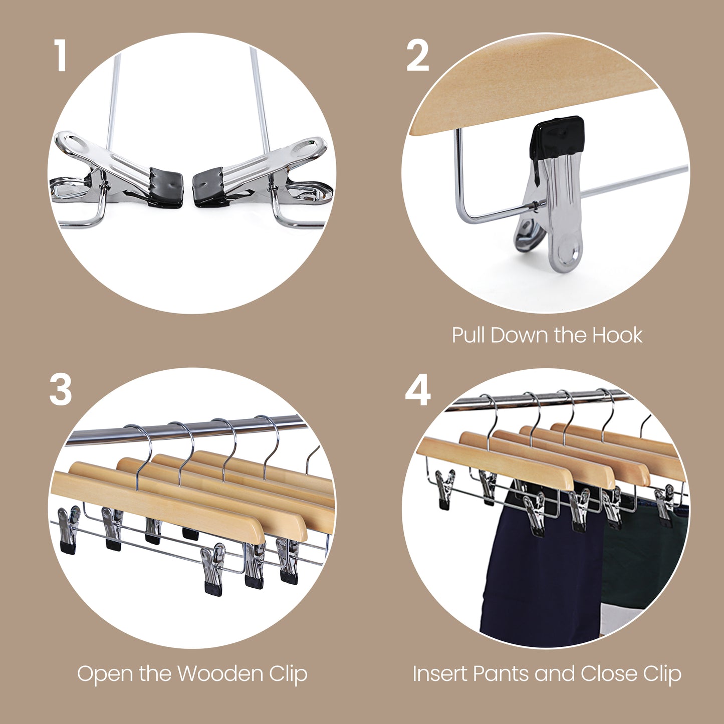 8 Pack Wooden Pants Hangers with Adjustable Metal Clips, 360° Swivel Hook Skirt Hangers for Closet, Natural Grain