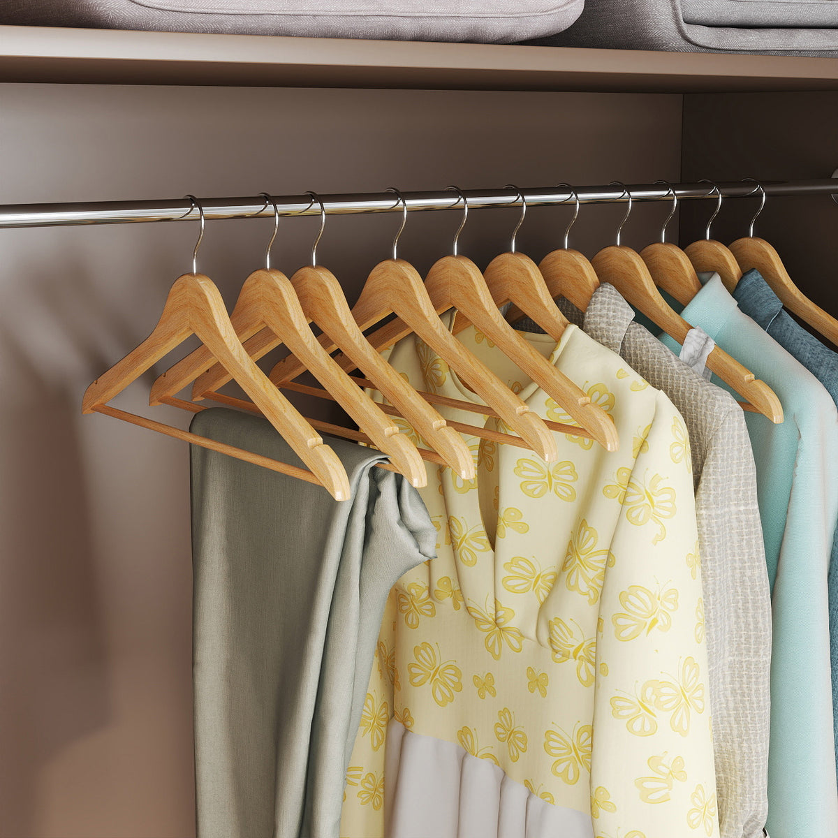 LEDREM Wooden Hangers 12 Pack with 360° Swivel Hooks, 16.9 x 8.3 x 0.5 Inches, Yellow and Beige