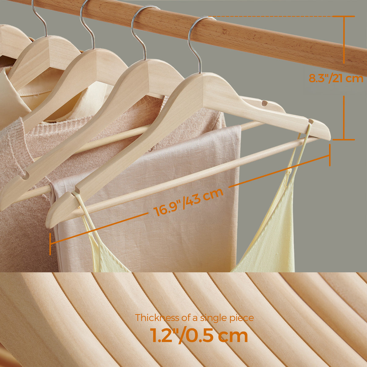 LEDREM Wooden Hangers 12 Pack with 360° Swivel Hooks, 16.9 x 8.3 x 0.5 Inches, Yellow and Beige