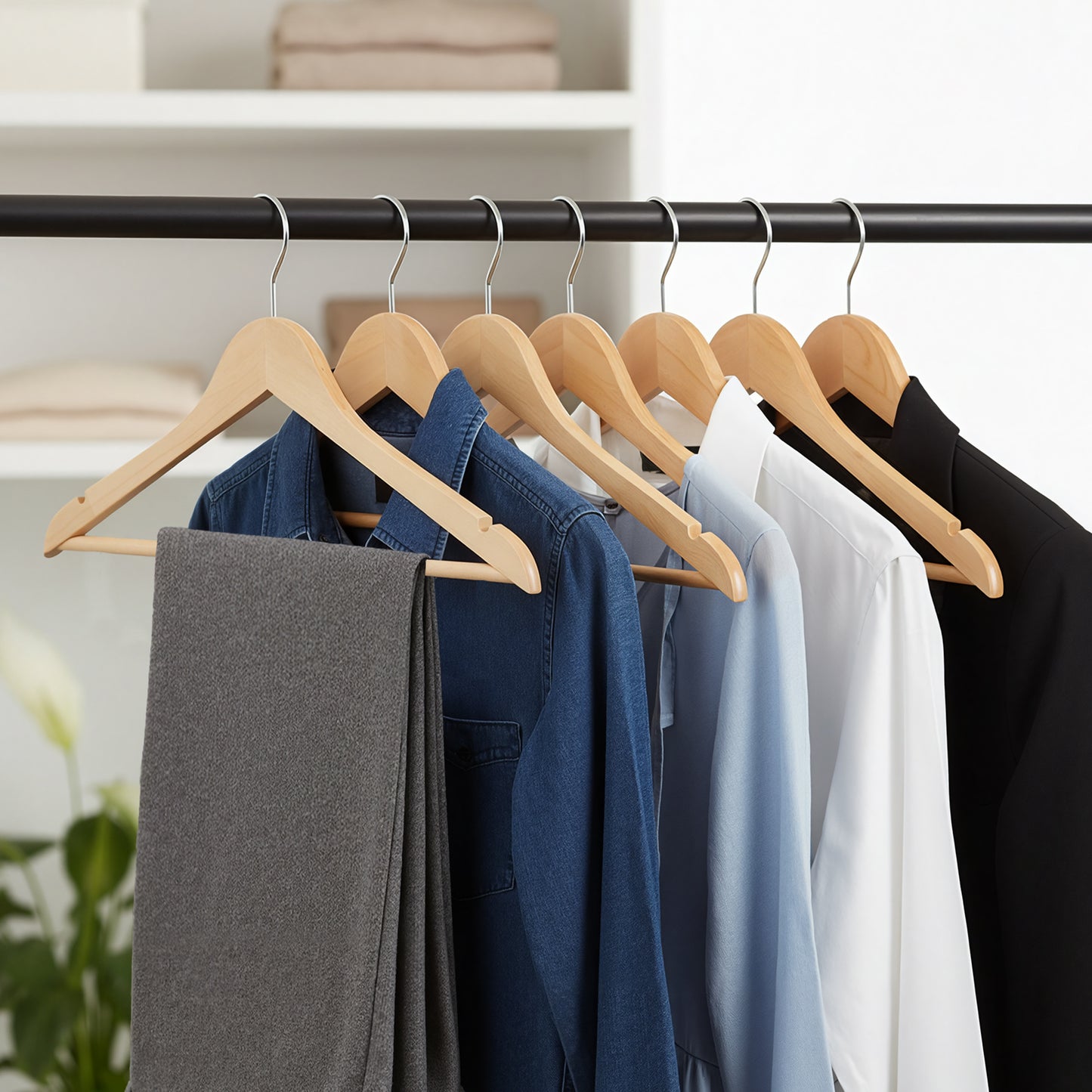 Pack of 24 Wooden Hangers with Pants Bar, Non-Slip Coat Hangers with 360° Swivel Hooks for Jackets and Shirts, Natural Wood