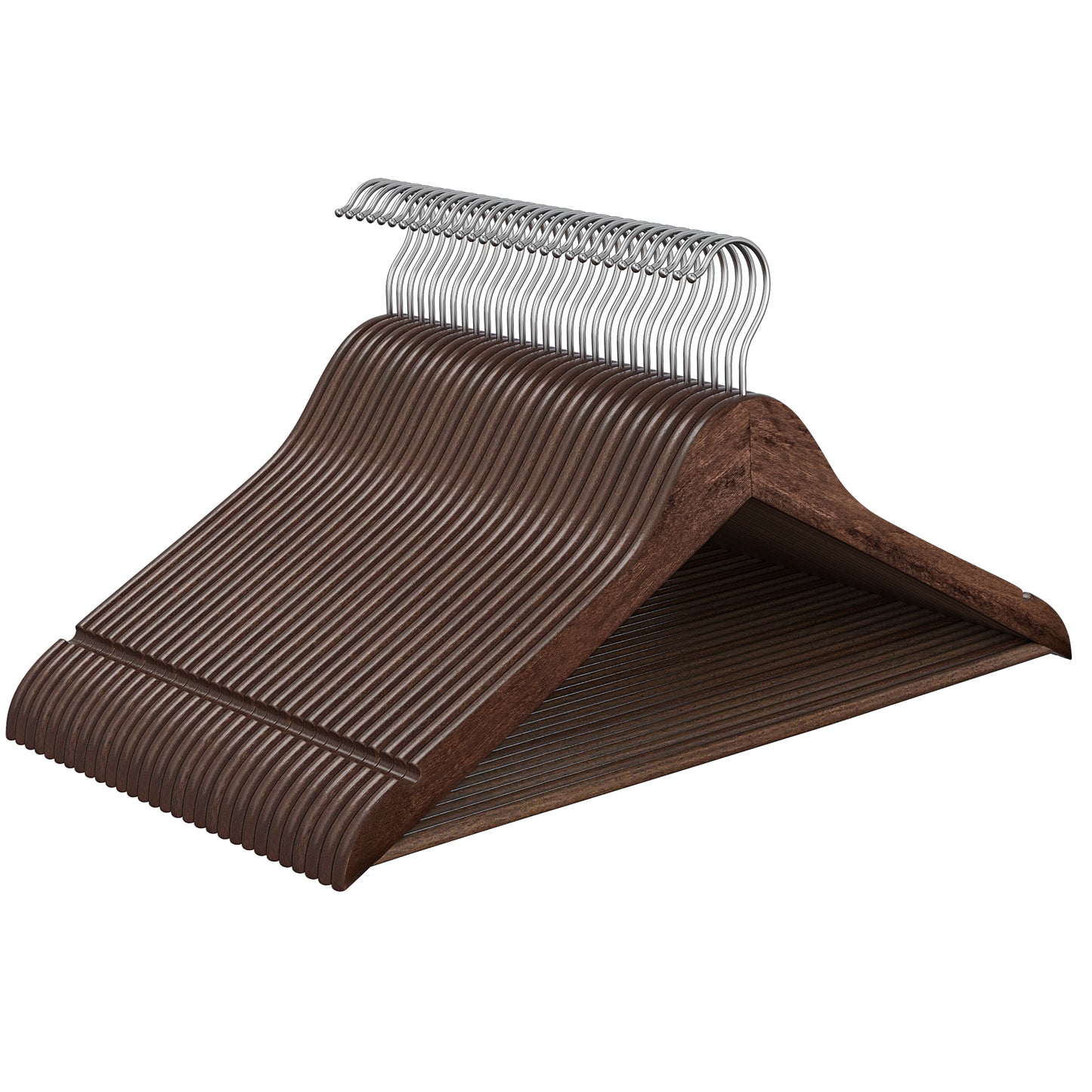 Pack of 30 Solid Birch Wood Hangers with Pants Bar, 0.3-Inch Slim Coat Hangers with 360° Swivel Hooks, Walnut Brown