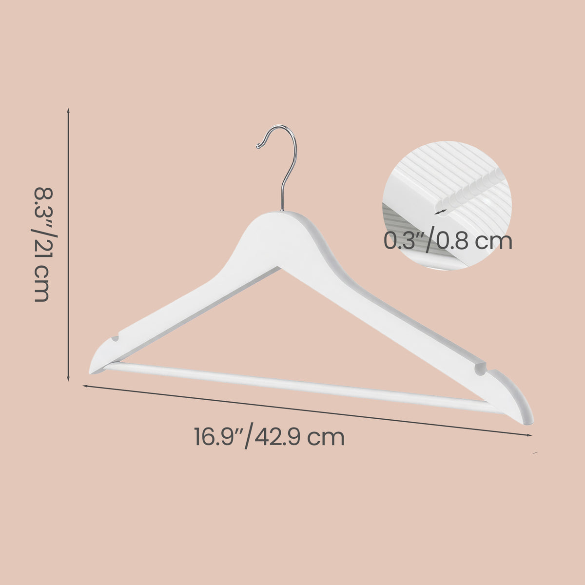 Wooden Hangers, Pack of 30, Coat Hangers, Pants Bar, 360° Swivel Hooks, Solid Birch Wood, for Jackets, Shirts, Coats, White
