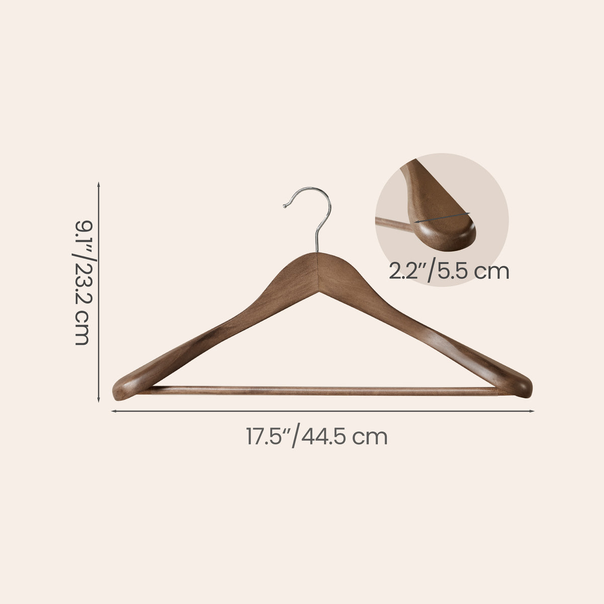 Wooden Suit Hangers 10 Pack, Extra Wide Shoulders with Non-Slip Bar, 17.5 x 2.2 x 9.1 Inches, Walnut