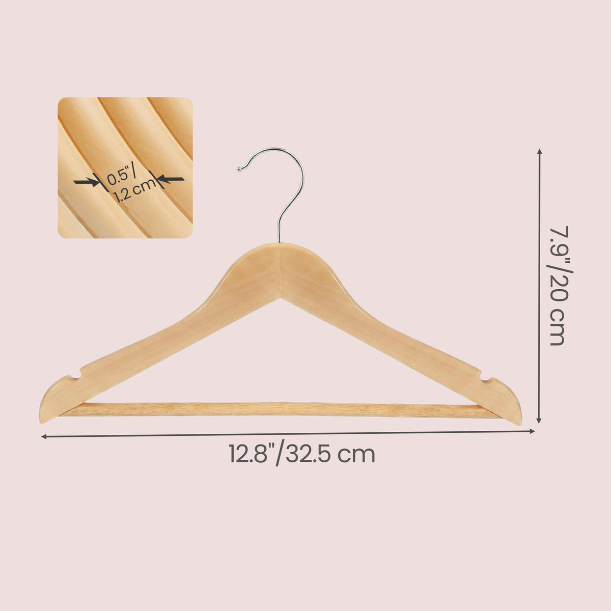 LEDREM Kids Wooden Hangers 20 Pack, Solid Wood Coat Hangers with Pants Bar and Swivel Hooks, 12.8 x 7.9 x 0.5 Inches, Natural