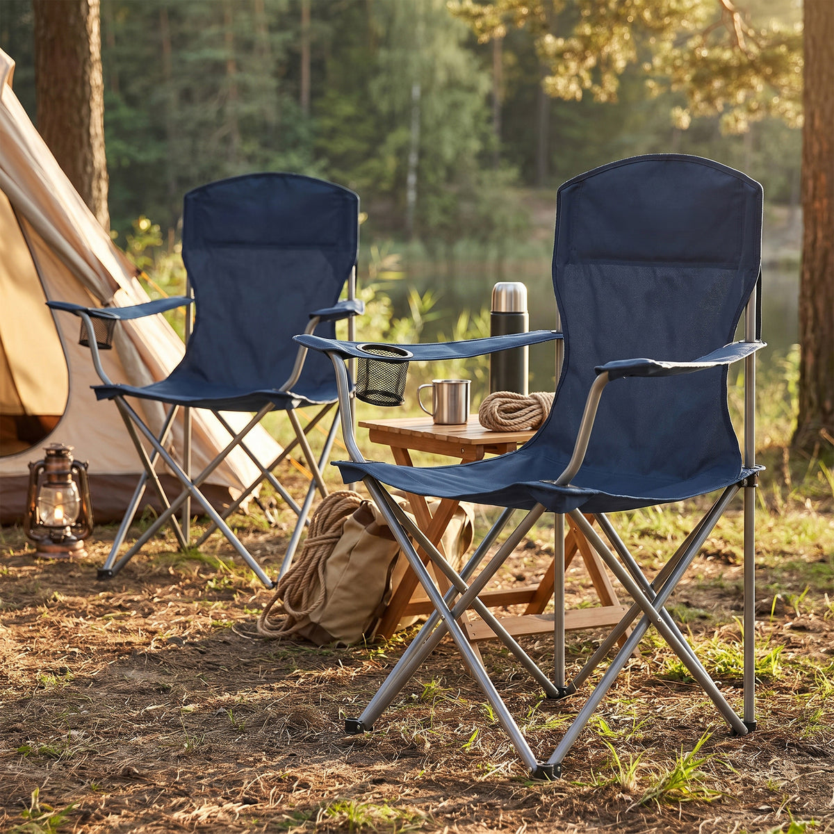 LEDREM Pair of Portable Outdoor Chairs, Heavy Duty Folding Chairs with Cup Holder, for Garden, Camping, Fishing, Blue