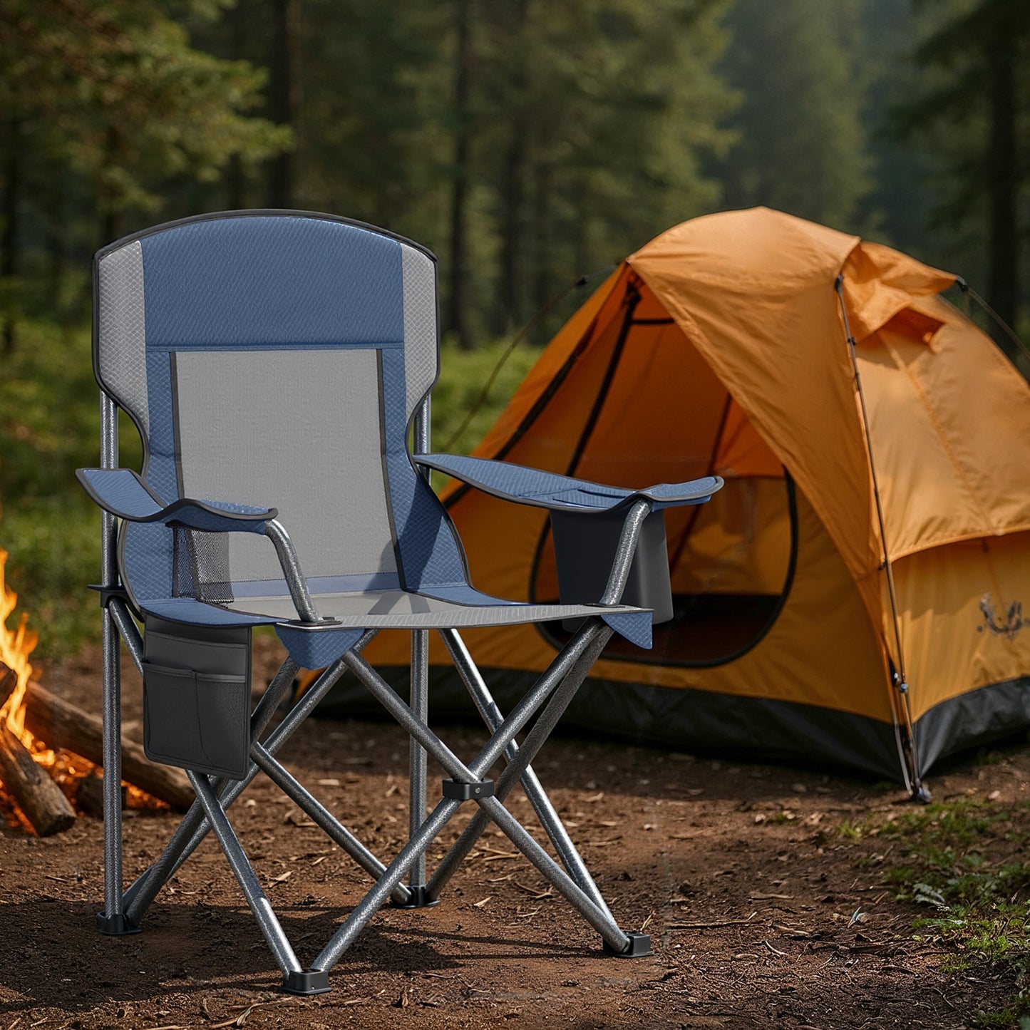 Camping Chair, Folding Oversized Outdoor Seat with High Back, Adjustable Armrests, Cooler & Storage Bags, Heavy-Duty Steel Frame, 352 lb Capacity, Breathable Mesh, Bijou Blue